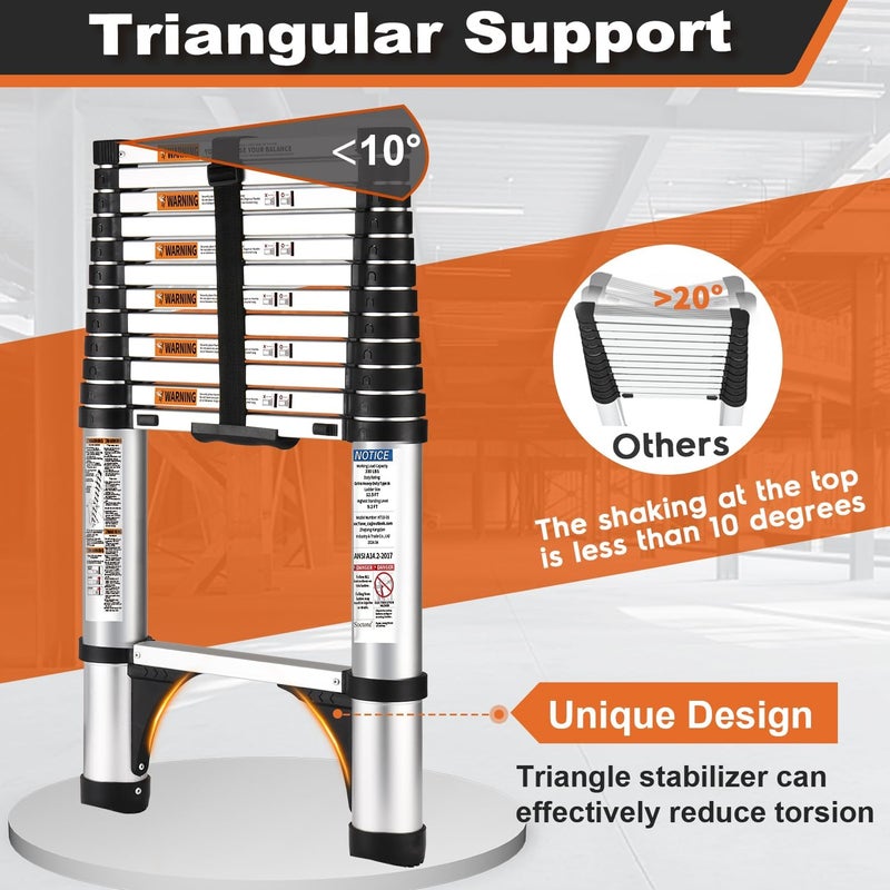 Soctone Telescoping Ladder 12.5 FT A Button, Aluminum Lightweight Extension Ladder with 2 Triangle Stabilizers, Heavy Duty 330lbs Max Capacity, Multi-Purpose Collapsible Ladder for Household or Outdoor Work - Image 3